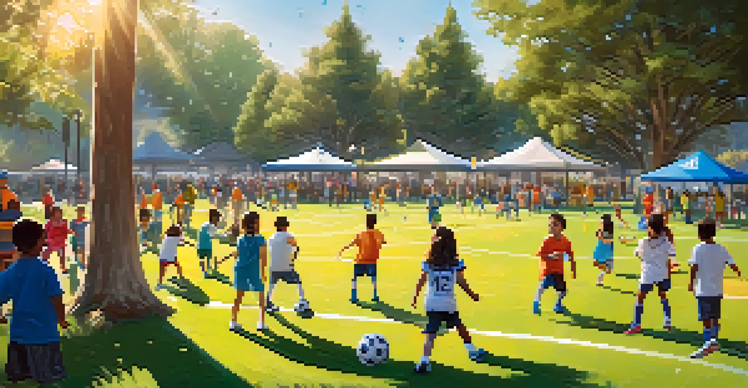 Children participating in a soccer clinic with professional players in a sunny park, with parents watching and colorful cones set up.