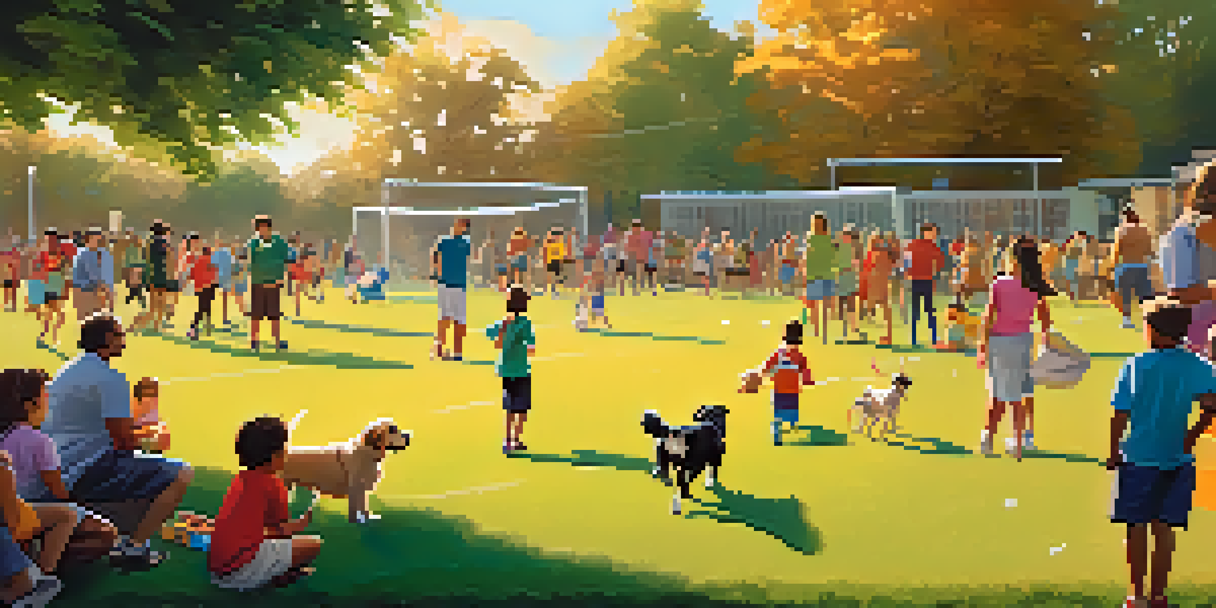 A lively community sports day with families and children playing soccer, colorful banners, and a sunset backdrop.