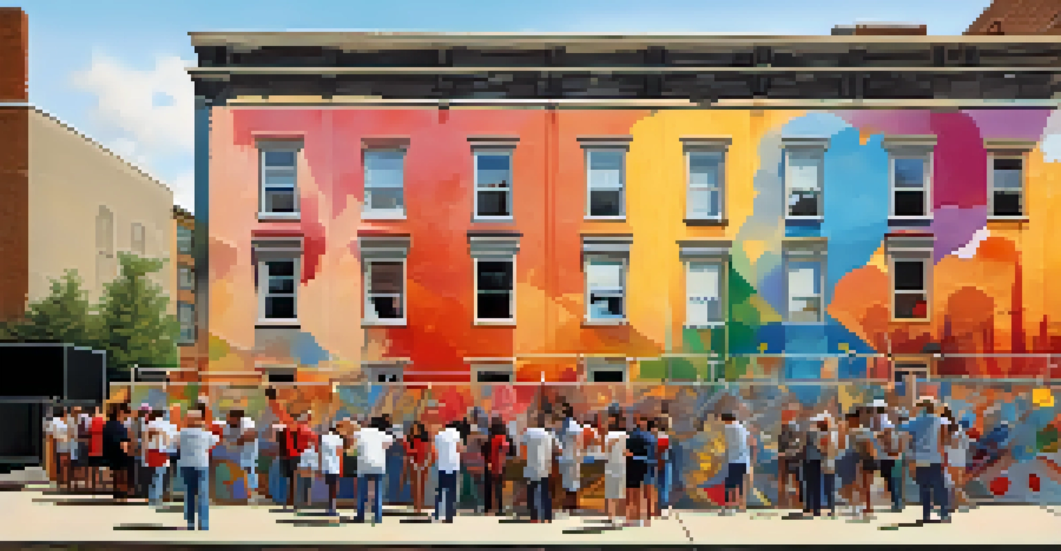 An artist painting a mural with community involvement, showcasing a transformation of a dull wall into a colorful artwork.