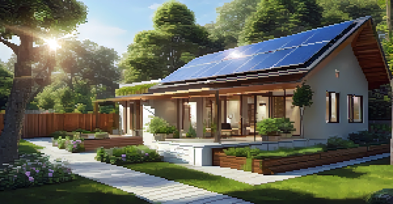 An environmentally friendly house with solar panels and a vibrant garden in front.
