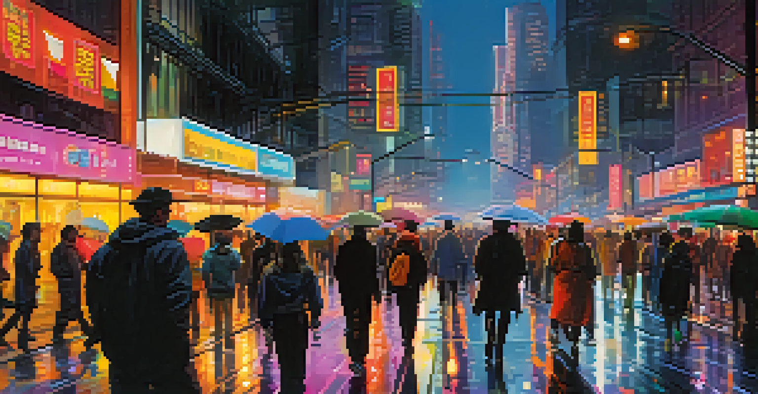 A lively city street at night with people walking under neon lights and rain-soaked pavement reflecting the colors.