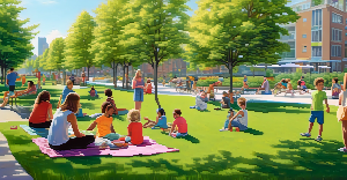 A lively urban park filled with people enjoying the sun, children playing, and families picnicking, with a city skyline in the background.