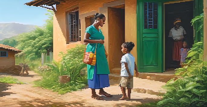 A community health worker in a rural area interacting with a mother and child at their home, surrounded by green vegetation.