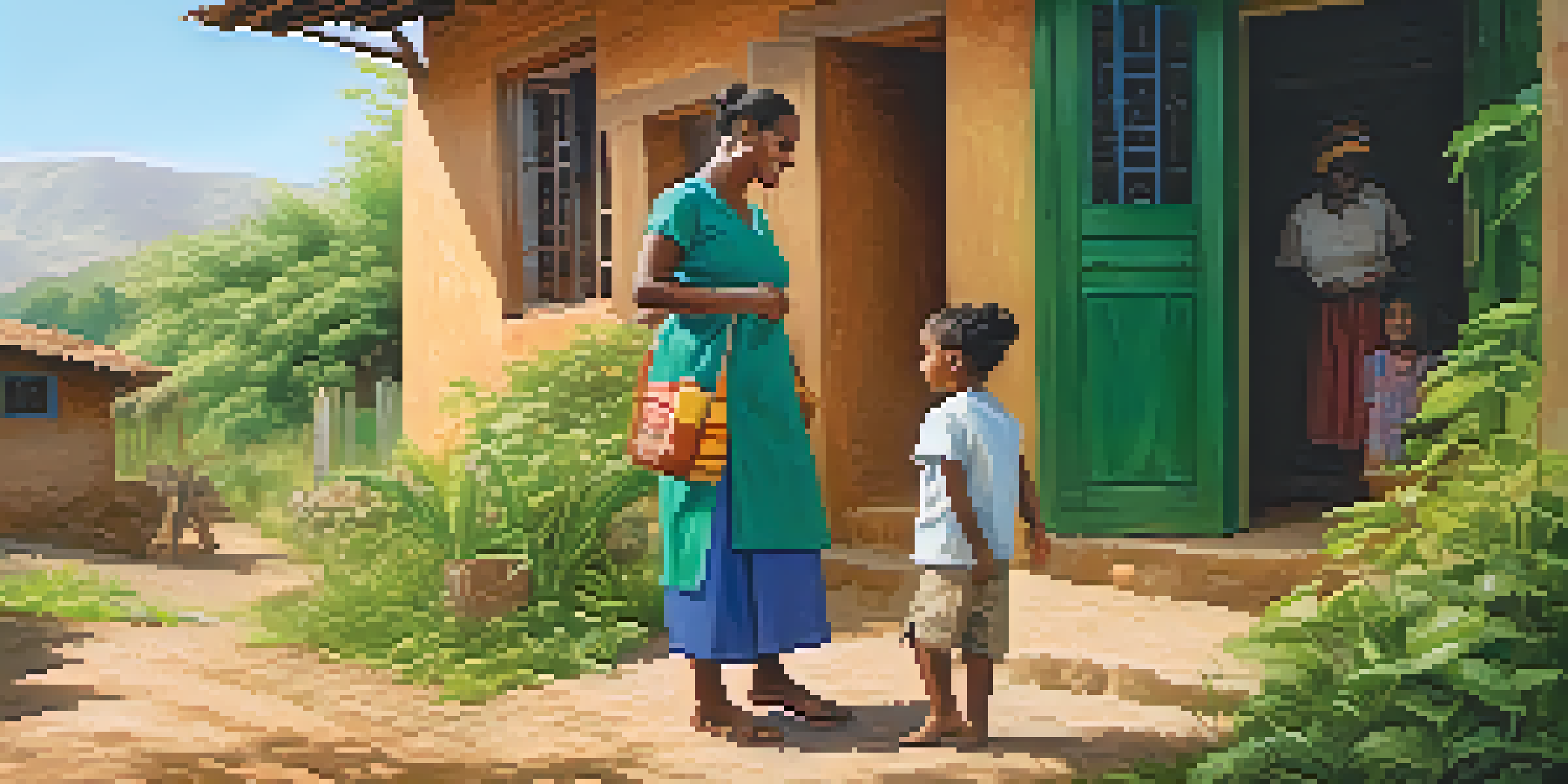 A community health worker in a rural area interacting with a mother and child at their home, surrounded by green vegetation.