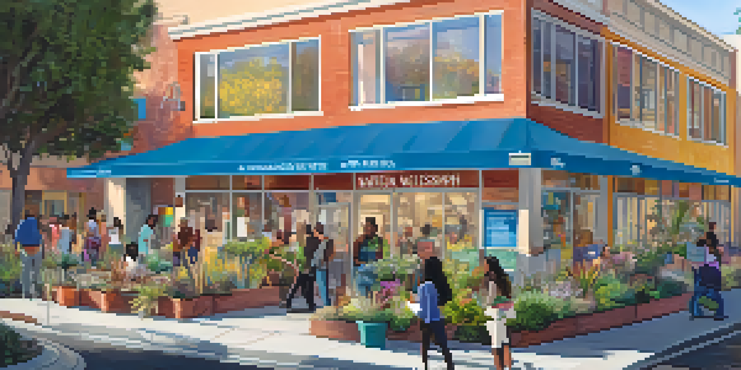 A lively community health center in Los Angeles with diverse individuals participating in a mental health workshop, surrounded by colorful banners and natural light.