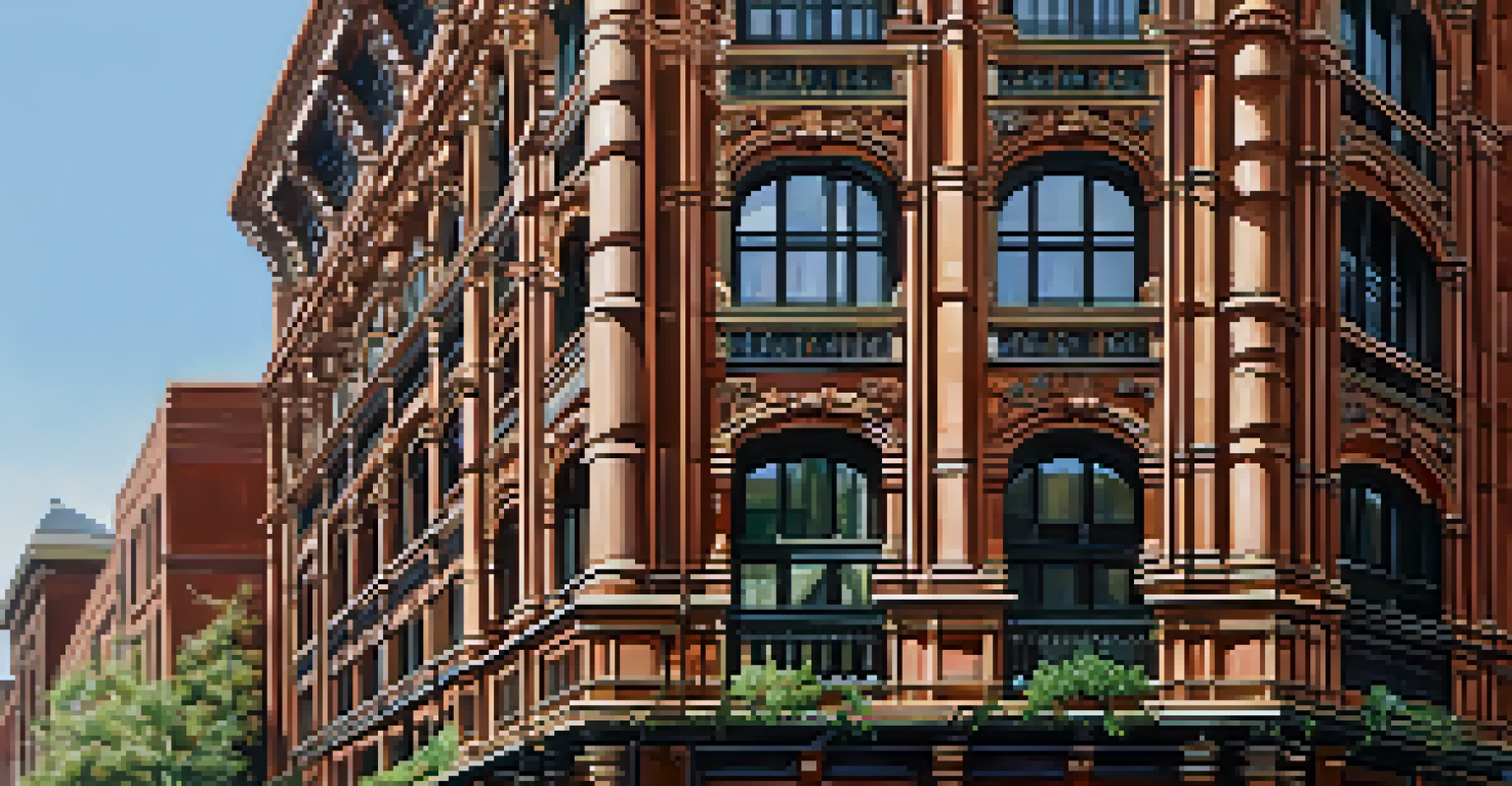 A view of the Bradbury Building highlighting its wrought iron details and Victorian architecture amidst urban greenery.