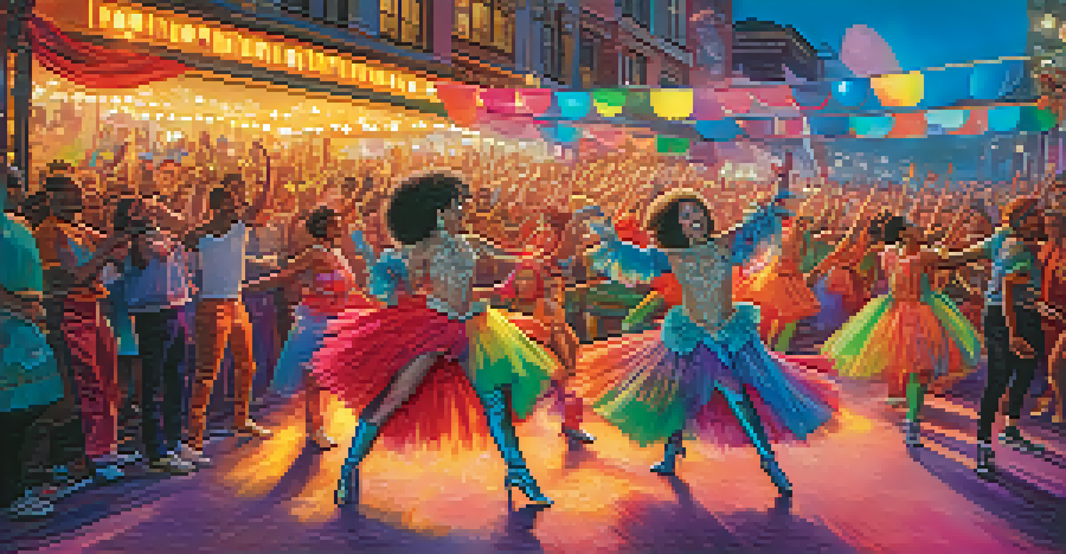 A vibrant stage performance at an LGBTQ+ festival, with dancers in colorful costumes and an enthusiastic audience.
