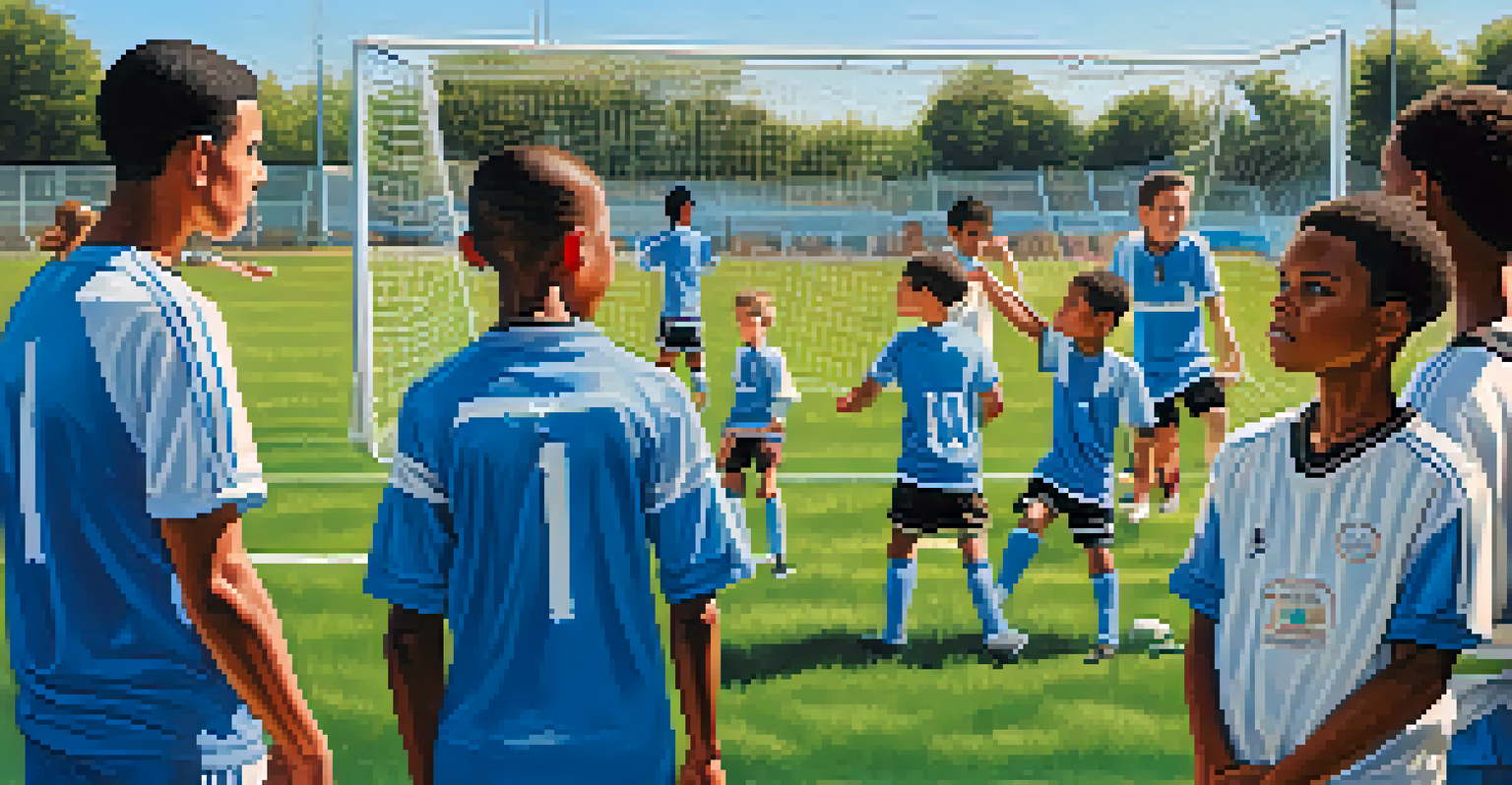 A diverse group of young soccer players attentively listening to their coach during a training session.