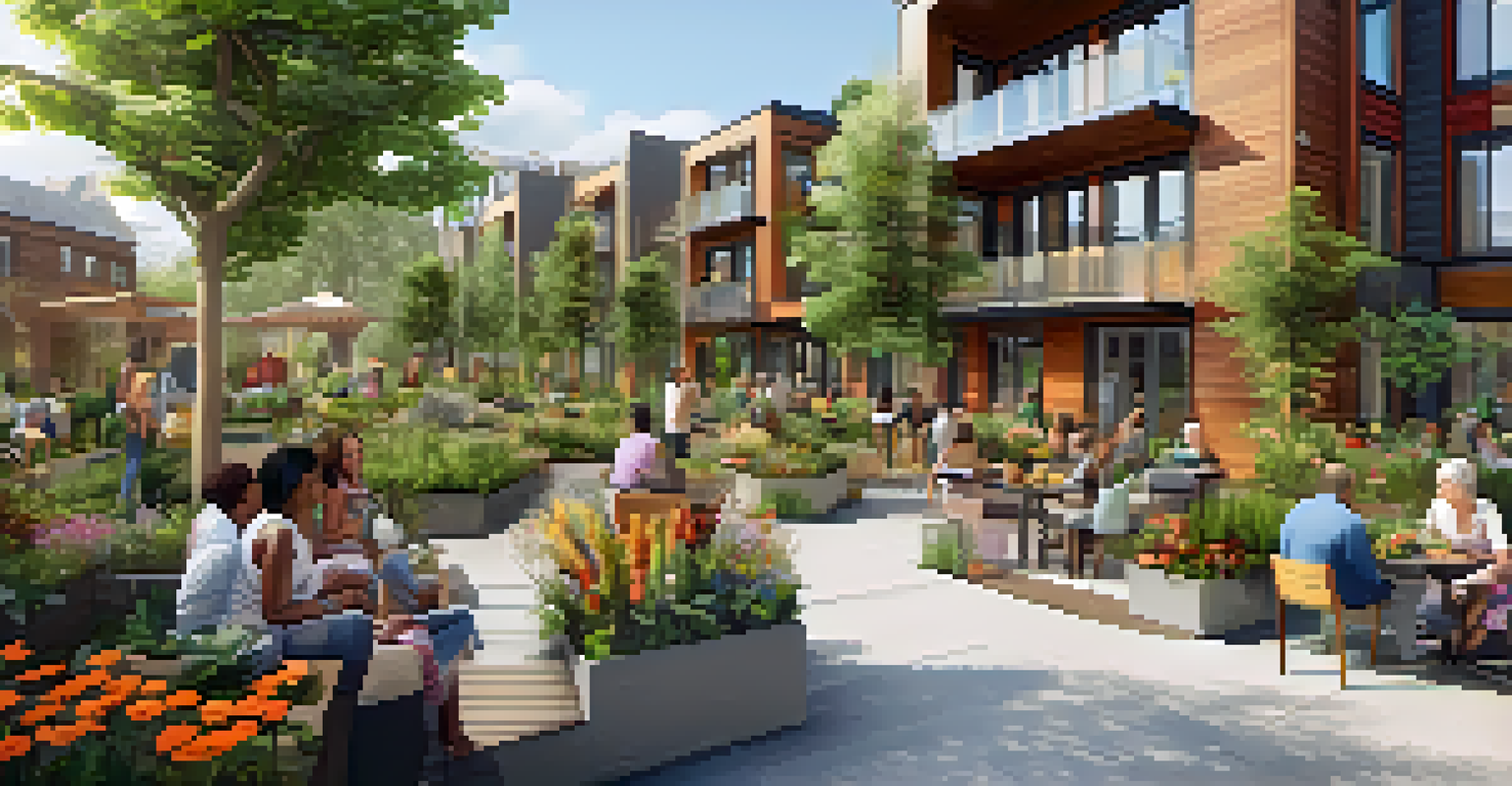 A community garden in a sustainable housing complex with residents interacting amidst flowers and vegetables.