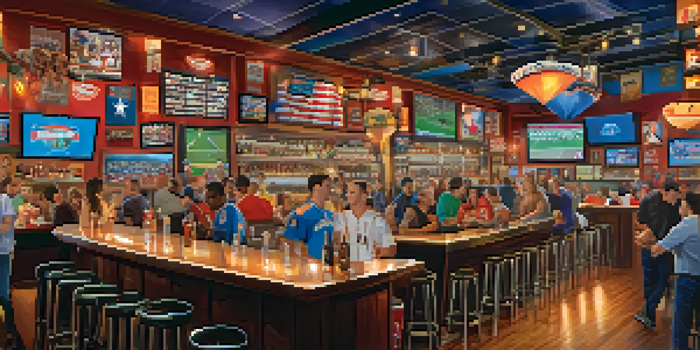 A bustling sports bar in Los Angeles with enthusiastic fans in team jerseys, enjoying food and drinks while watching a game on large screens.