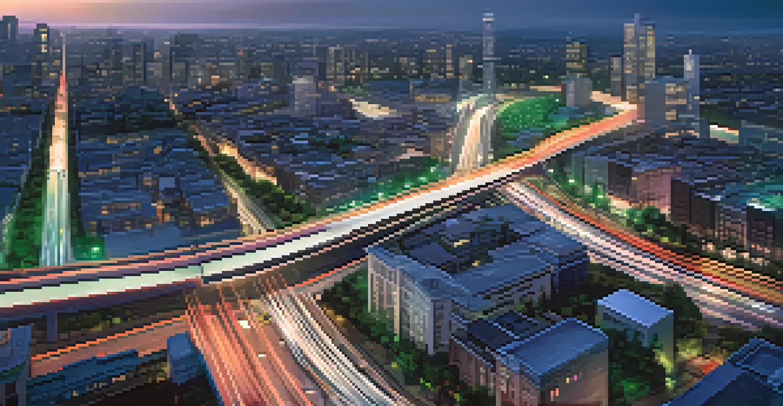 Aerial view of a city at dusk showcasing illuminated roads with smart traffic systems and modern architecture in the skyline.