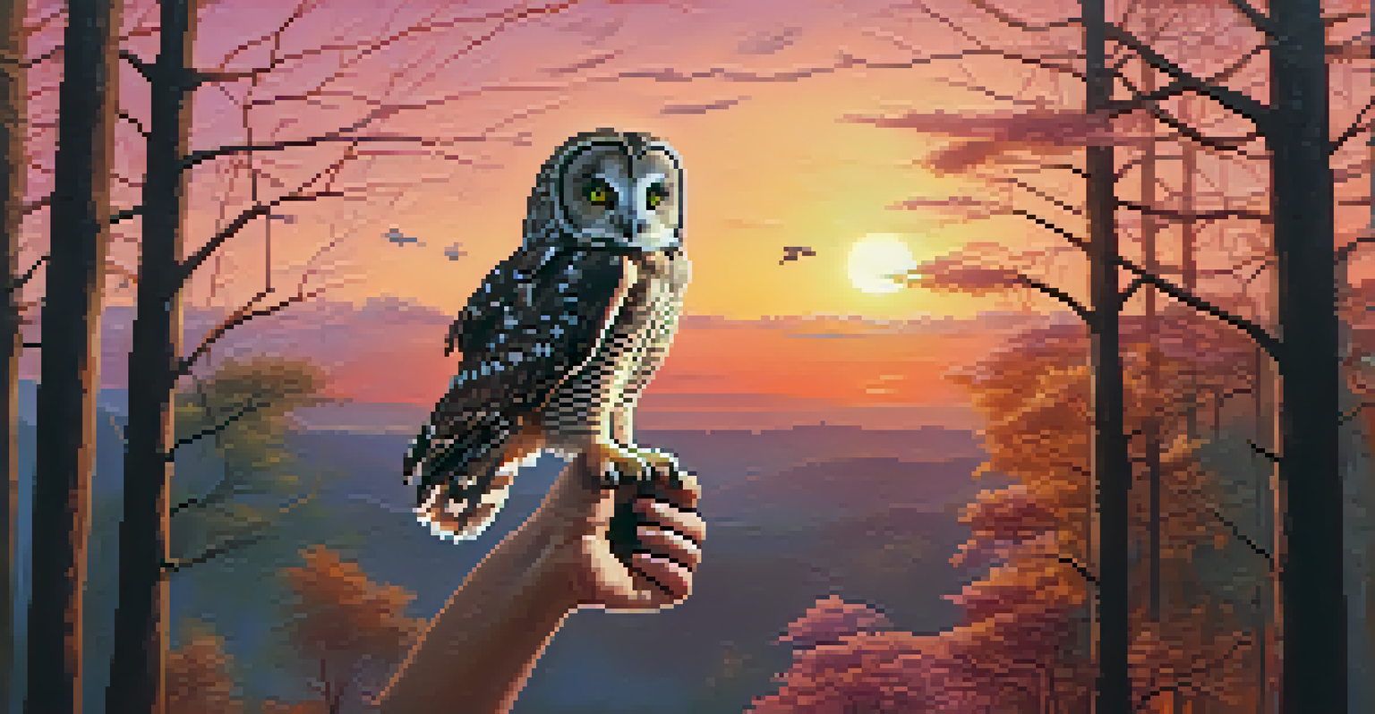 A young owl being released into the wild at sunset, with a volunteer and a colorful sky in the background.