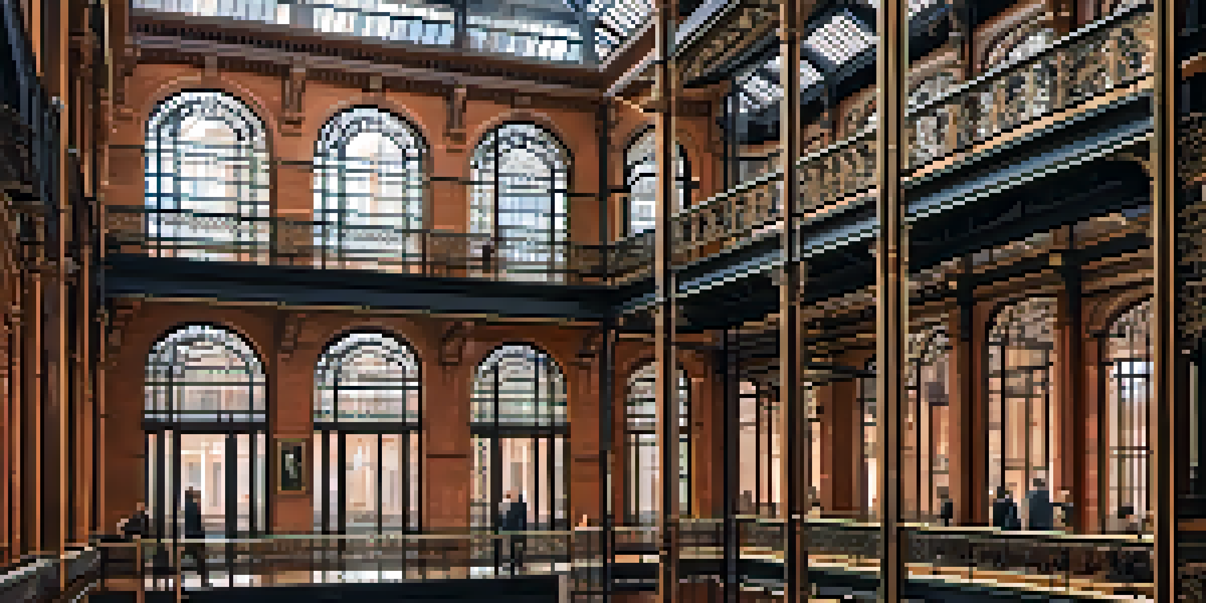 Interior view of the Bradbury Building's atrium, filled with natural light and showcasing intricate ironwork and marble, with visitors admiring the architecture.