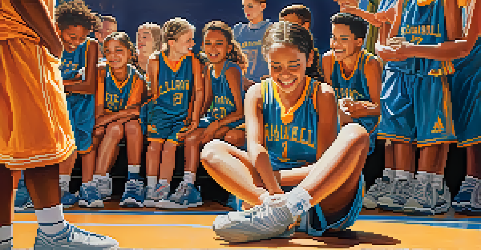 A young girl preparing for a basketball game by tying her shoelaces, with teammates in the background.