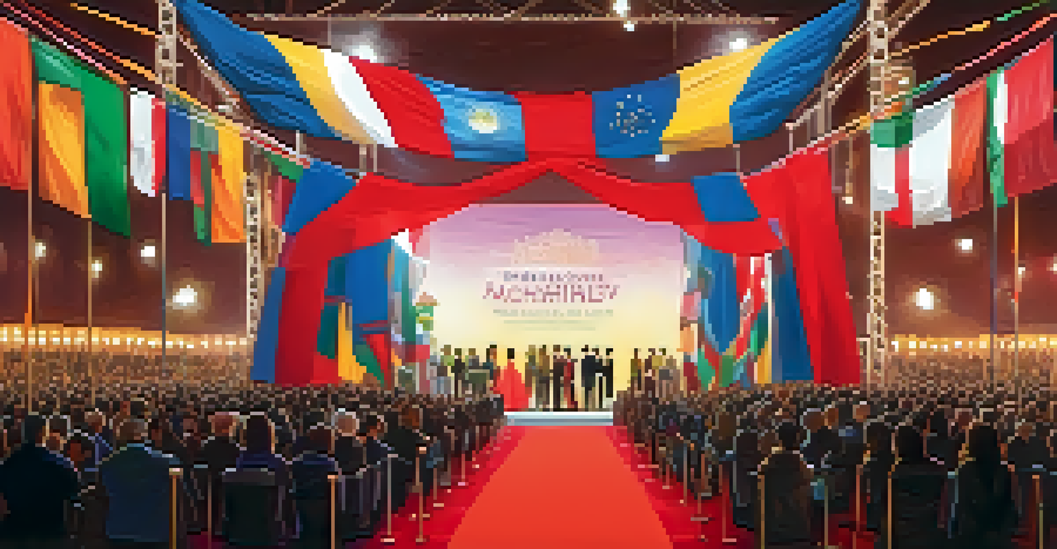 A colorful global film festival scene with diverse filmmakers on a red carpet surrounded by flags and bright lights.
