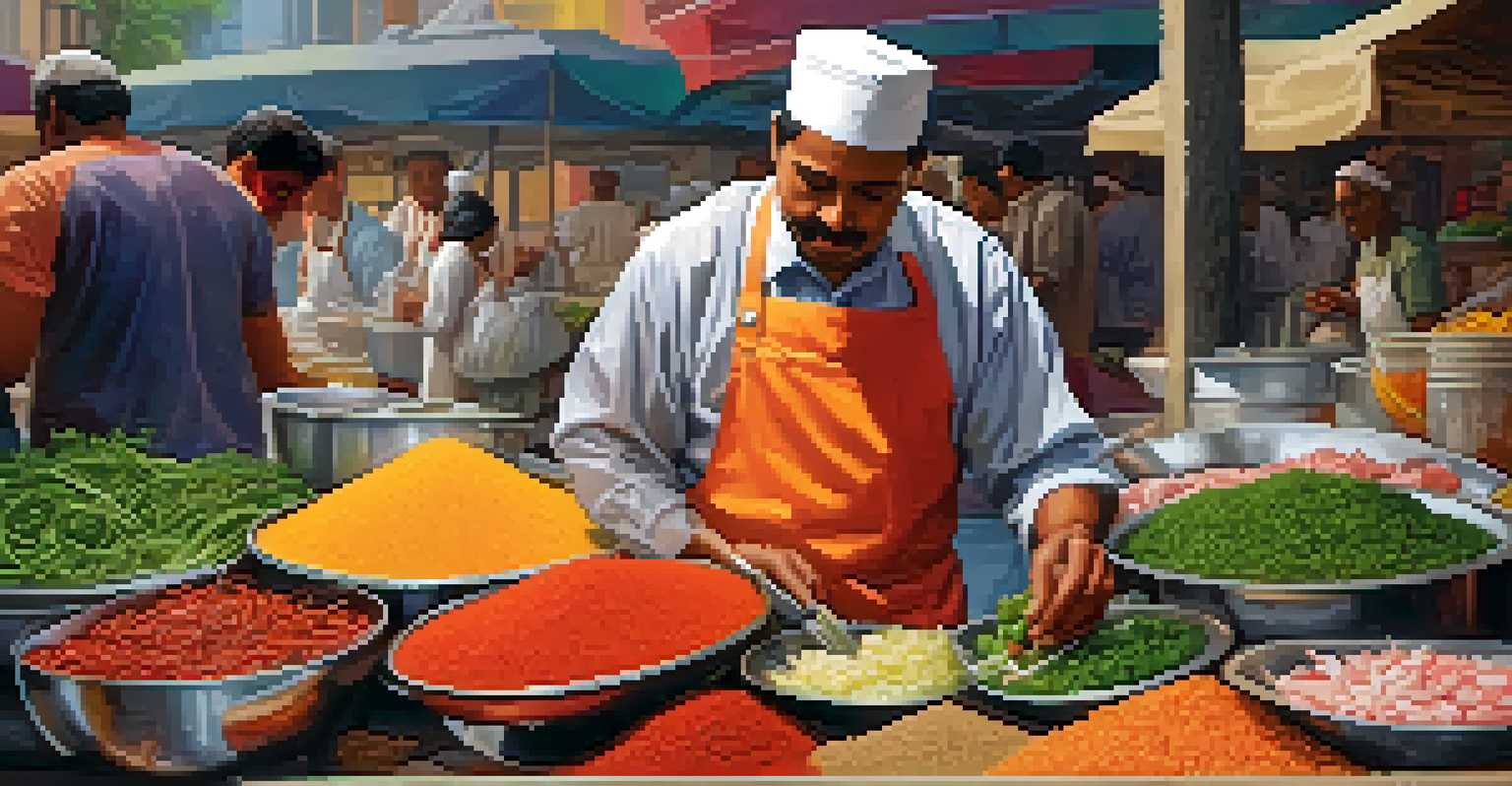 A street food vendor preparing fresh ingredients in a clean workspace, highlighting food safety and hygiene.