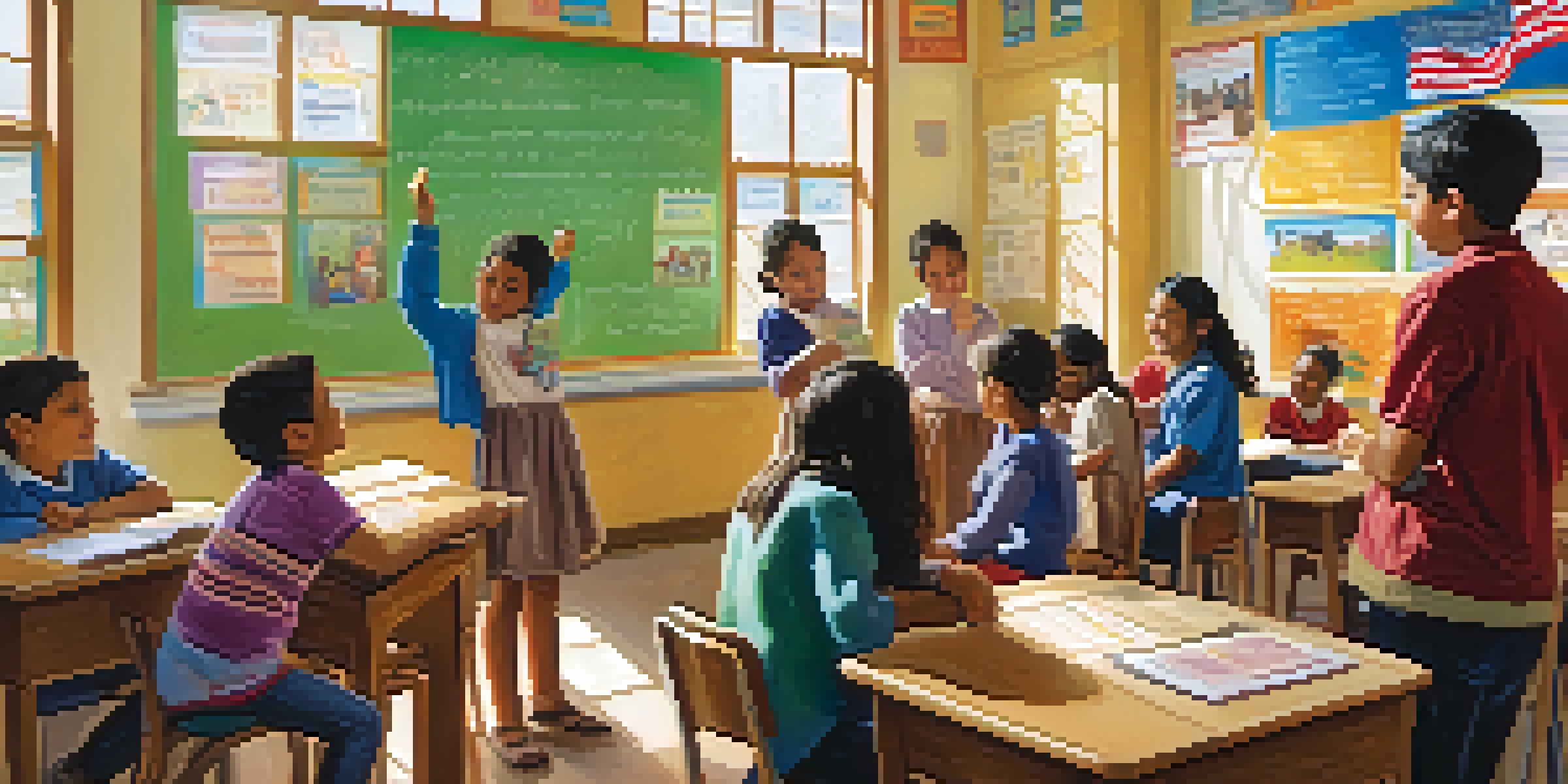 A colorful classroom with diverse immigrant children learning in a bilingual education setting, with sunlight streaming through windows.