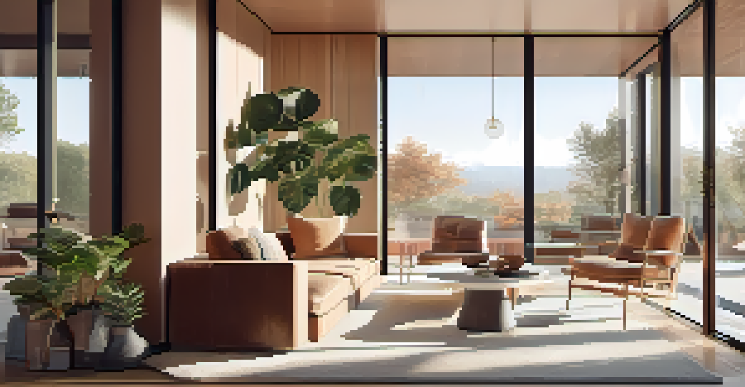 Interior of a modernist home with minimalist furniture, large windows, and artistic decor, creating a warm atmosphere.