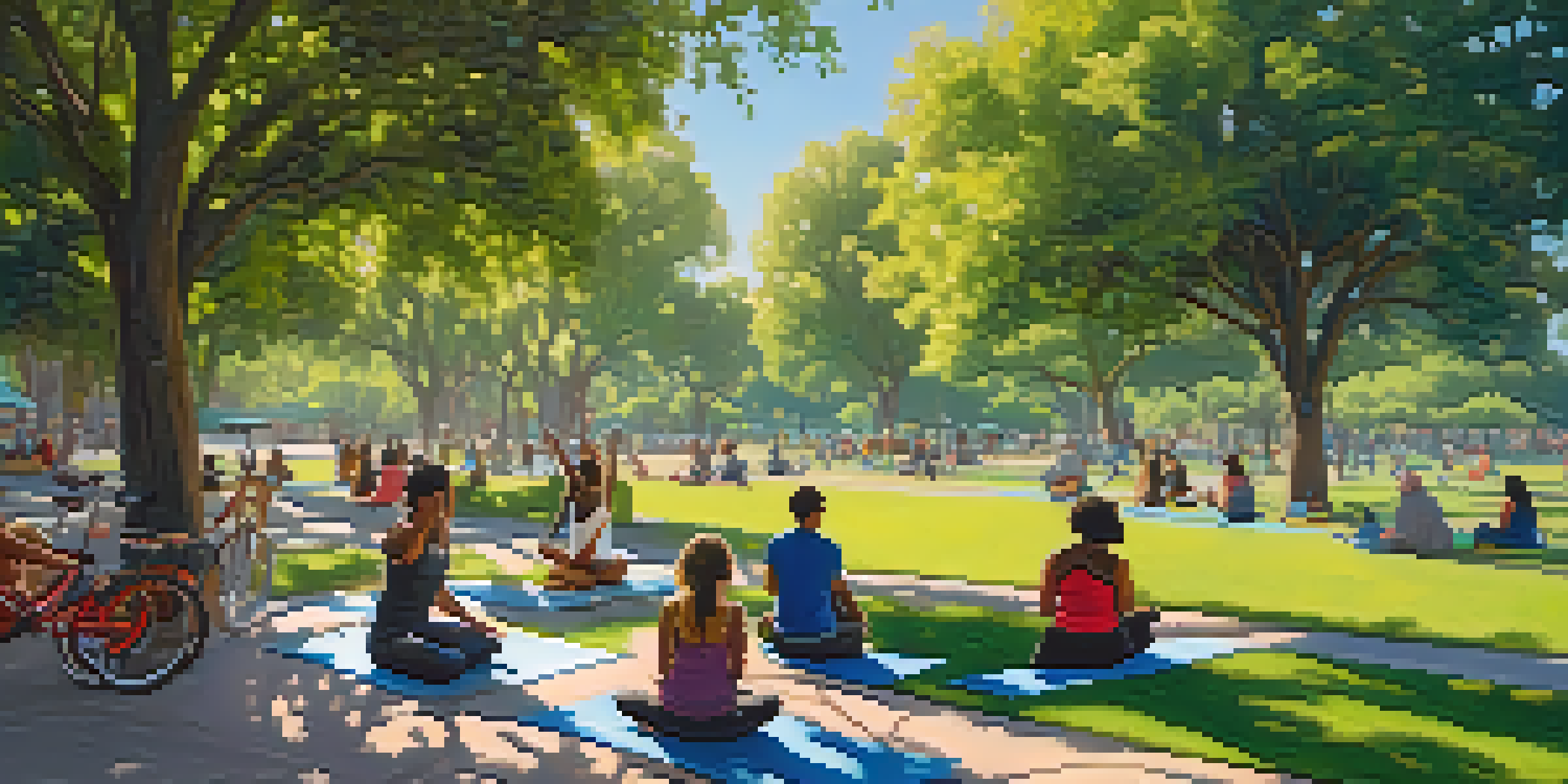 A lively urban park in Los Angeles with people practicing yoga, having picnics, and cycling under a clear blue sky, surrounded by green trees and colorful flowers.
