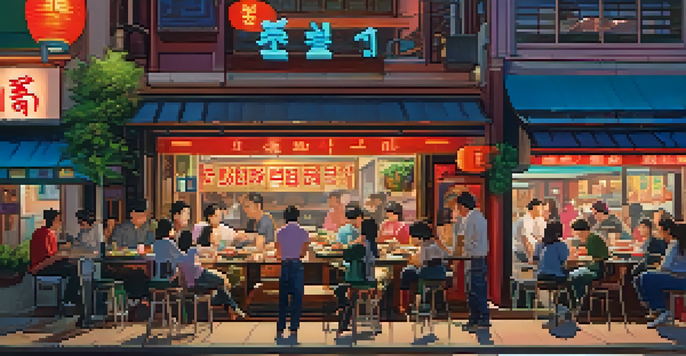 A busy Korean BBQ restaurant in Koreatown, Los Angeles, with diners grilling meats at tables and colorful neon signs.