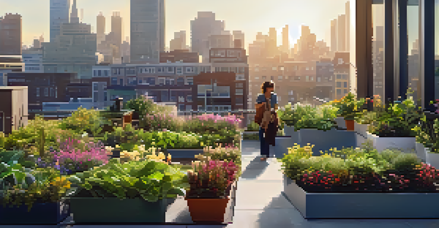 A vibrant rooftop garden with a city skyline in the background, highlighting urban green infrastructure.