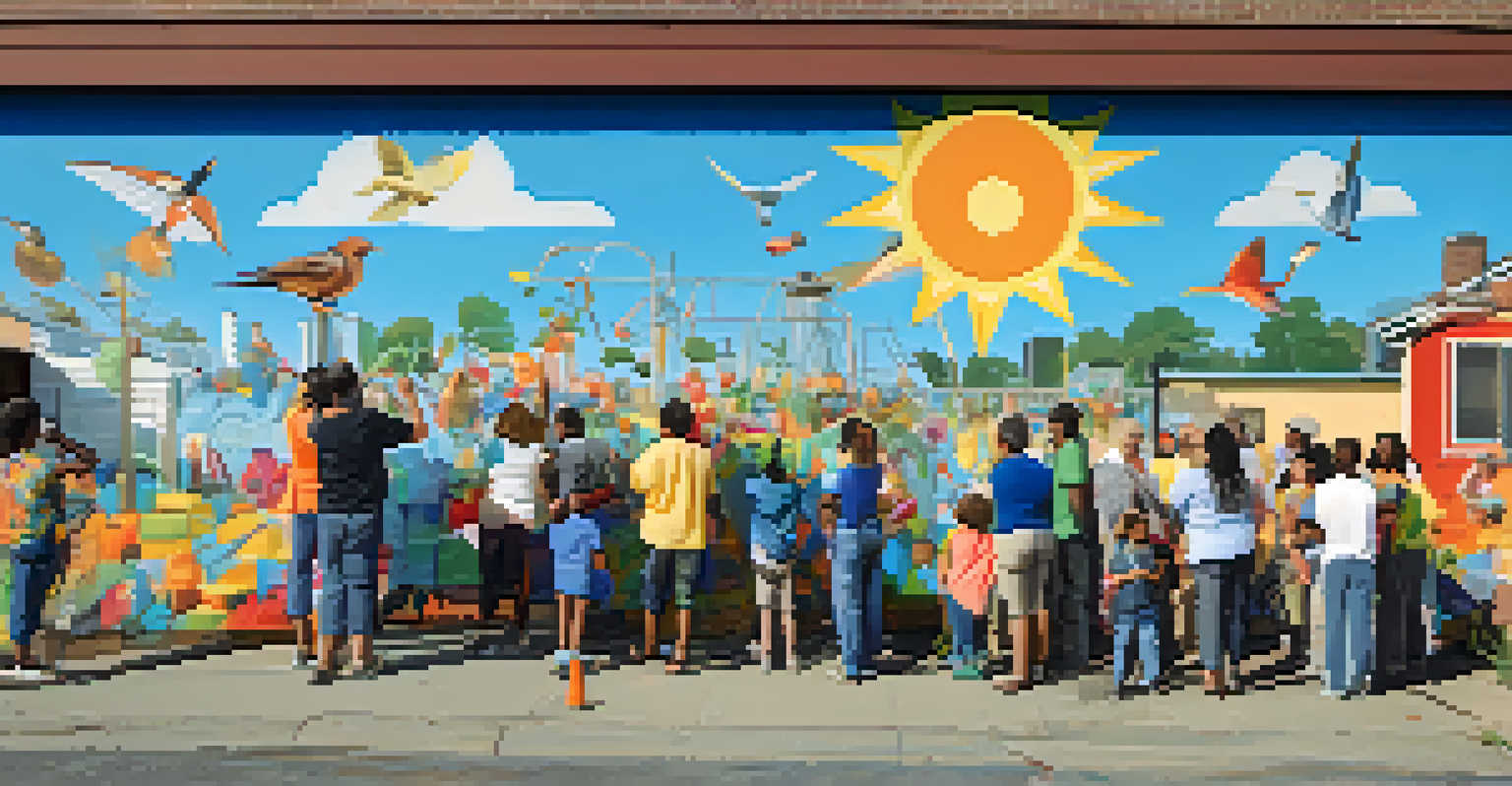 Community members of all ages collaboratively painting a mural about environmental themes, under a bright blue sky.