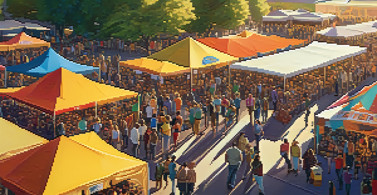 A vibrant film festival with a diverse crowd, colorful tents, and a sunset in the background, creating a lively atmosphere.