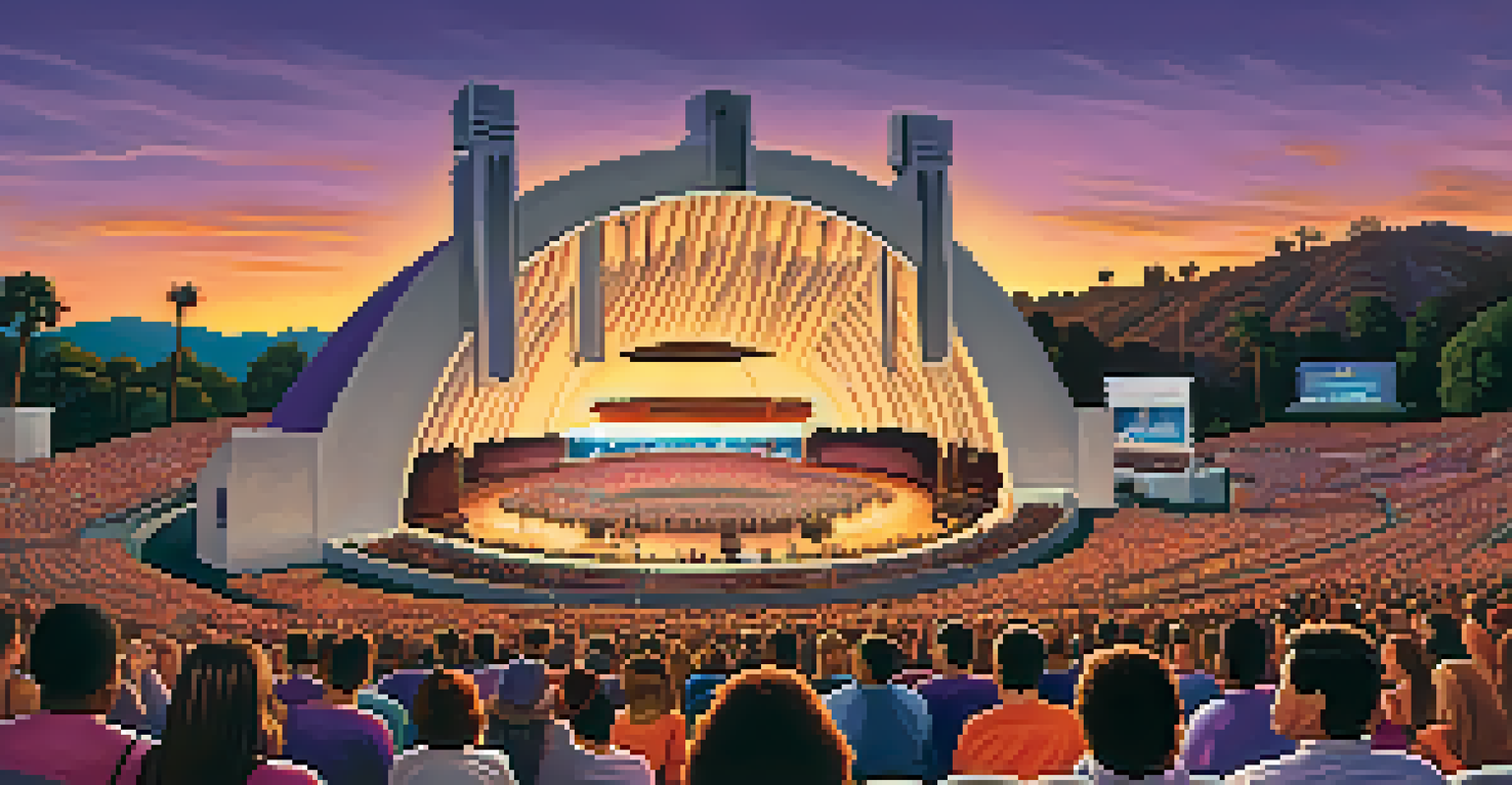 An outdoor concert at the Hollywood Bowl during sunset, with a vibrant sky and an engaged audience enjoying the performance.