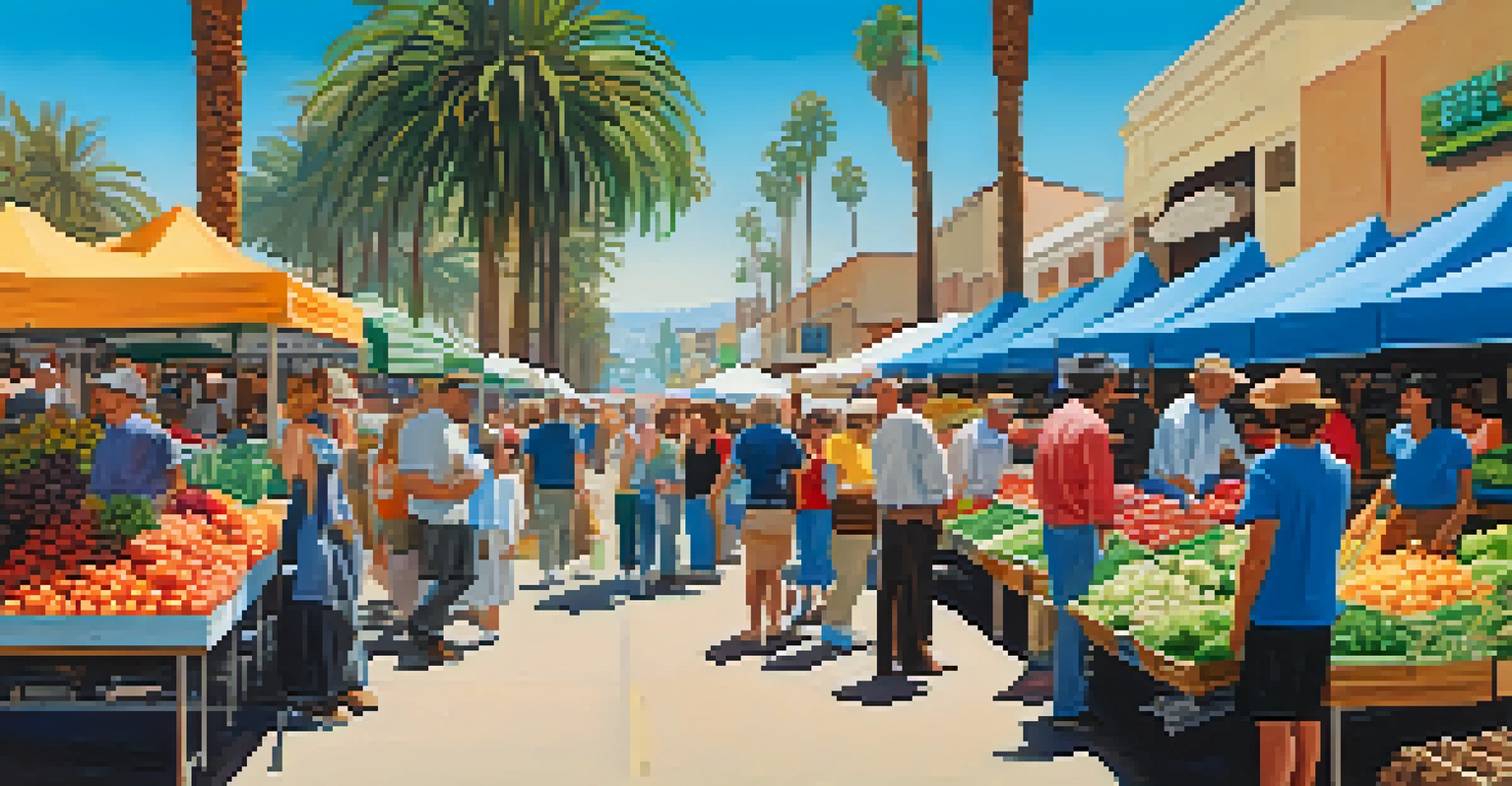 A lively farmer's market in Los Angeles filled with fresh produce and shoppers enjoying the sunny day.