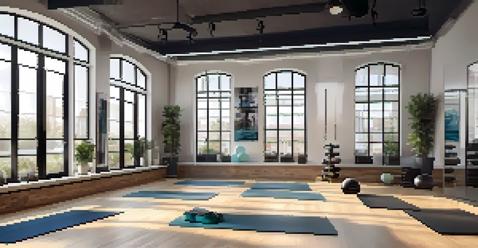 A boutique fitness studio with a small group of people practicing yoga and HIIT, illuminated by natural light and decorated with eco-friendly materials.