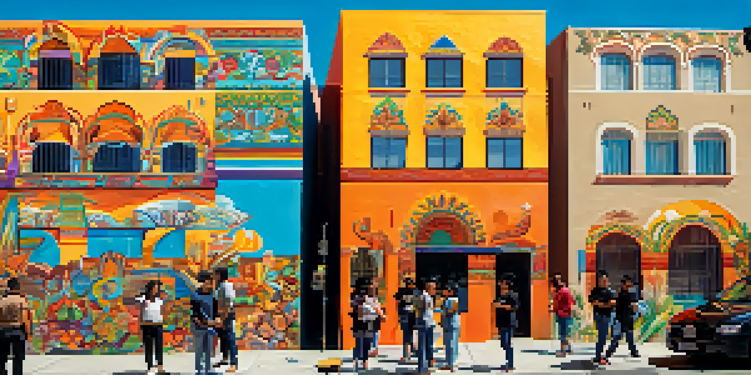 A colorful mural in Boyle Heights depicting traditional Mexican culture with modern elements, surrounded by community members in bright sunlight.