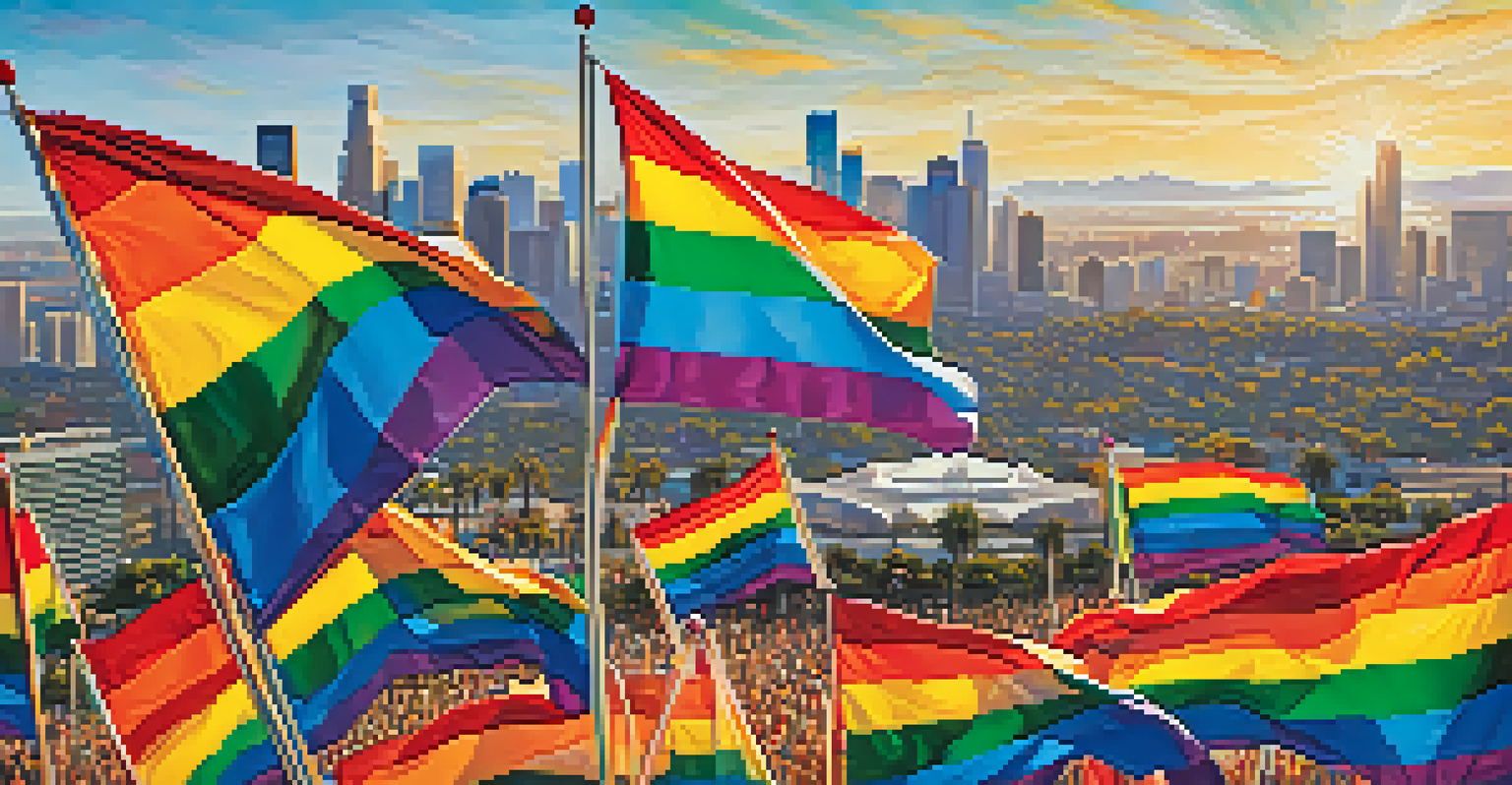 Close-up of rainbow flags waving with the Los Angeles skyline in the background, symbolizing celebration and community.