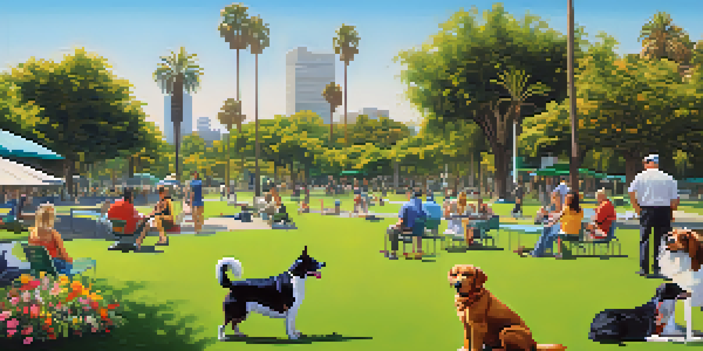 A vibrant dog-friendly park in Los Angeles with dogs playing and owners chatting under a sunny sky.