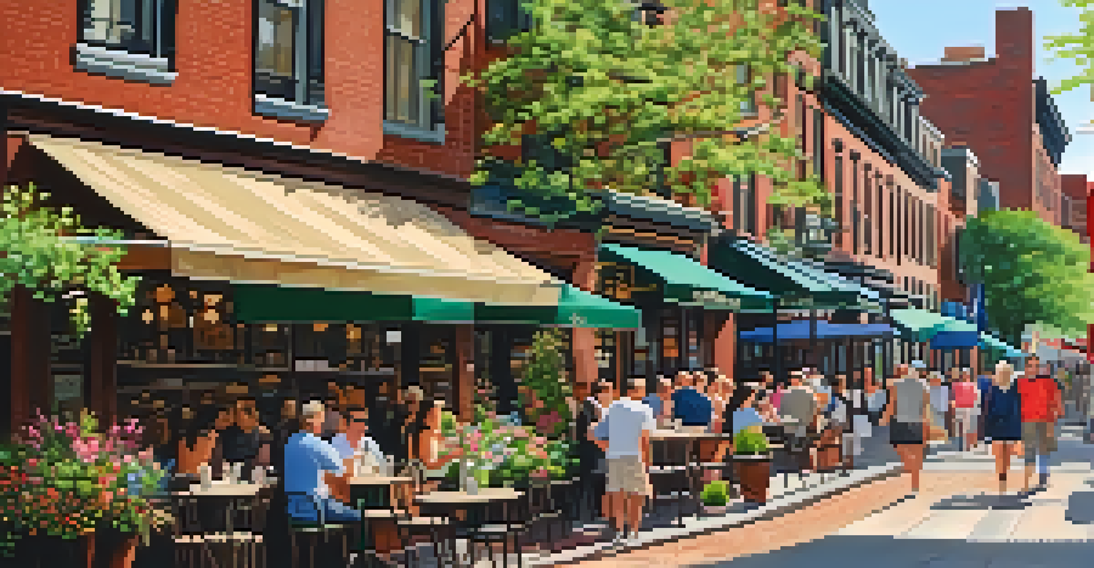 A lively outdoor cafe scene on Charles Street in Beacon Hill, with people enjoying coffee and the vibrant atmosphere of the neighborhood.