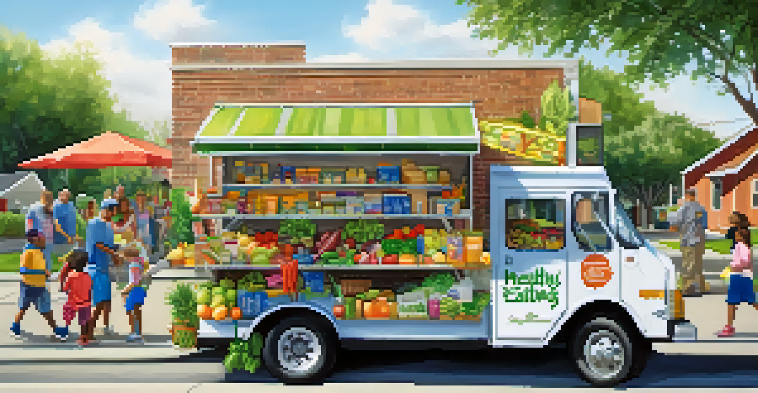 A mobile food pantry in a neighborhood, with volunteers distributing fresh produce to families.
