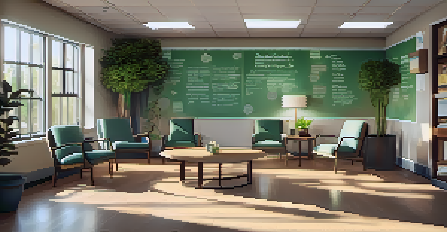 A cozy community center room with chairs in a circle, filled with natural light and mental health resources displayed on a bulletin board.