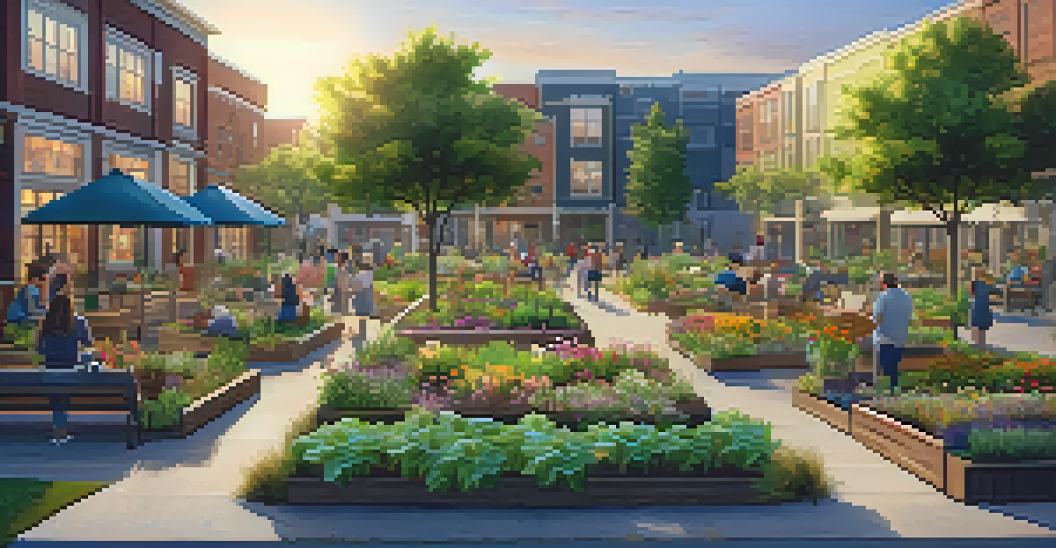 A community garden in a mixed-use development, showcasing residents enjoying the greenery, flowers, and a small playground in evening light.