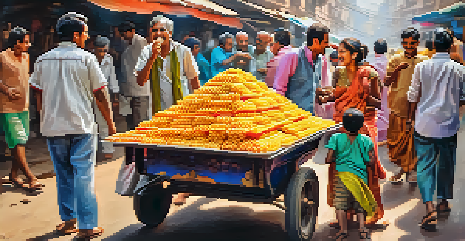 A group of friends enjoying pani puri at a street vendor, with colorful ingredients and a lively atmosphere around them.