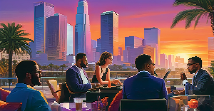 A sunset view of Los Angeles with skyscrapers and palm trees, featuring a diverse group of entrepreneurs discussing technology.