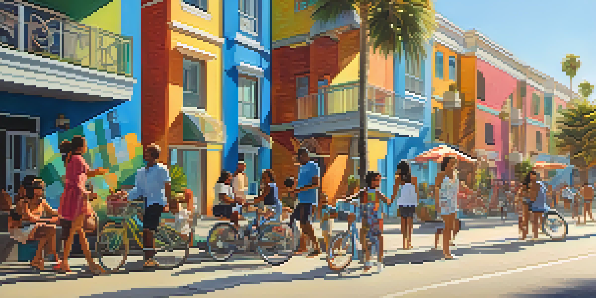 A diverse group of families enjoying an outdoor space in front of a new affordable housing complex in Los Angeles, with colorful murals and palm trees.
