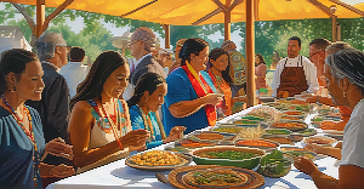 A table filled with traditional Native American dishes at a food festival, with attendees enjoying the culinary experience.