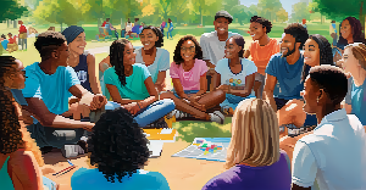 A group of diverse youths sharing experiences in a mentorship workshop at a park, surrounded by colorful banners and a supportive atmosphere.