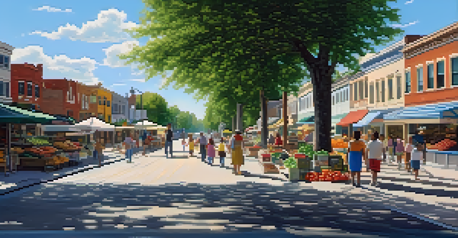 A tranquil street scene with people walking, families enjoying the outdoors, and vibrant flowers lining the sidewalks under a sunny sky.