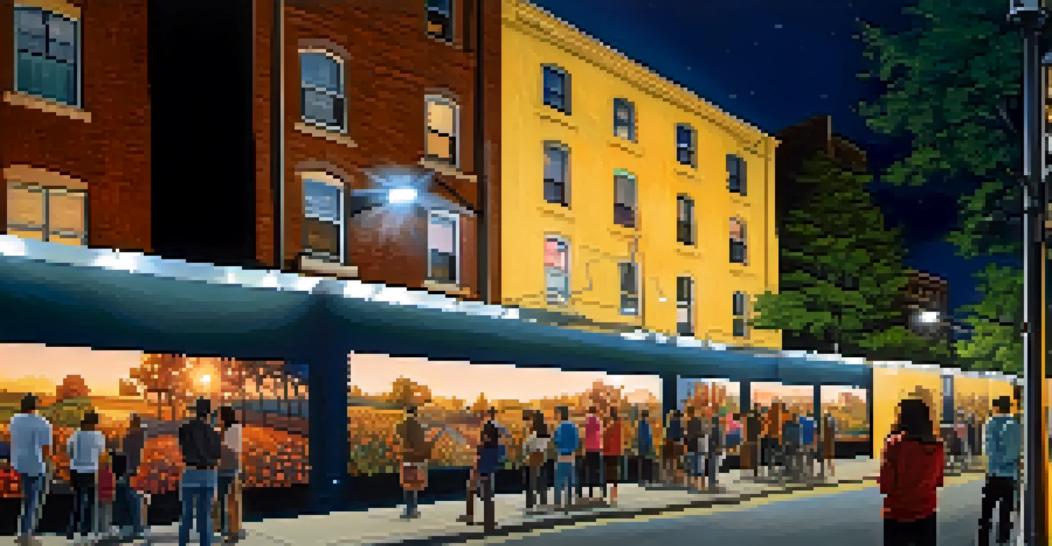 A nighttime scene of a vibrant mural lit by streetlights, with people admiring the artwork and capturing photos.