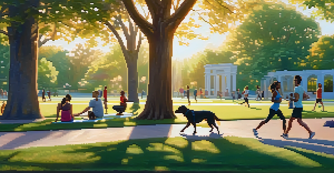 A peaceful urban park at sunset with people jogging, walking dogs, and doing yoga among colorful flowers and green trees.