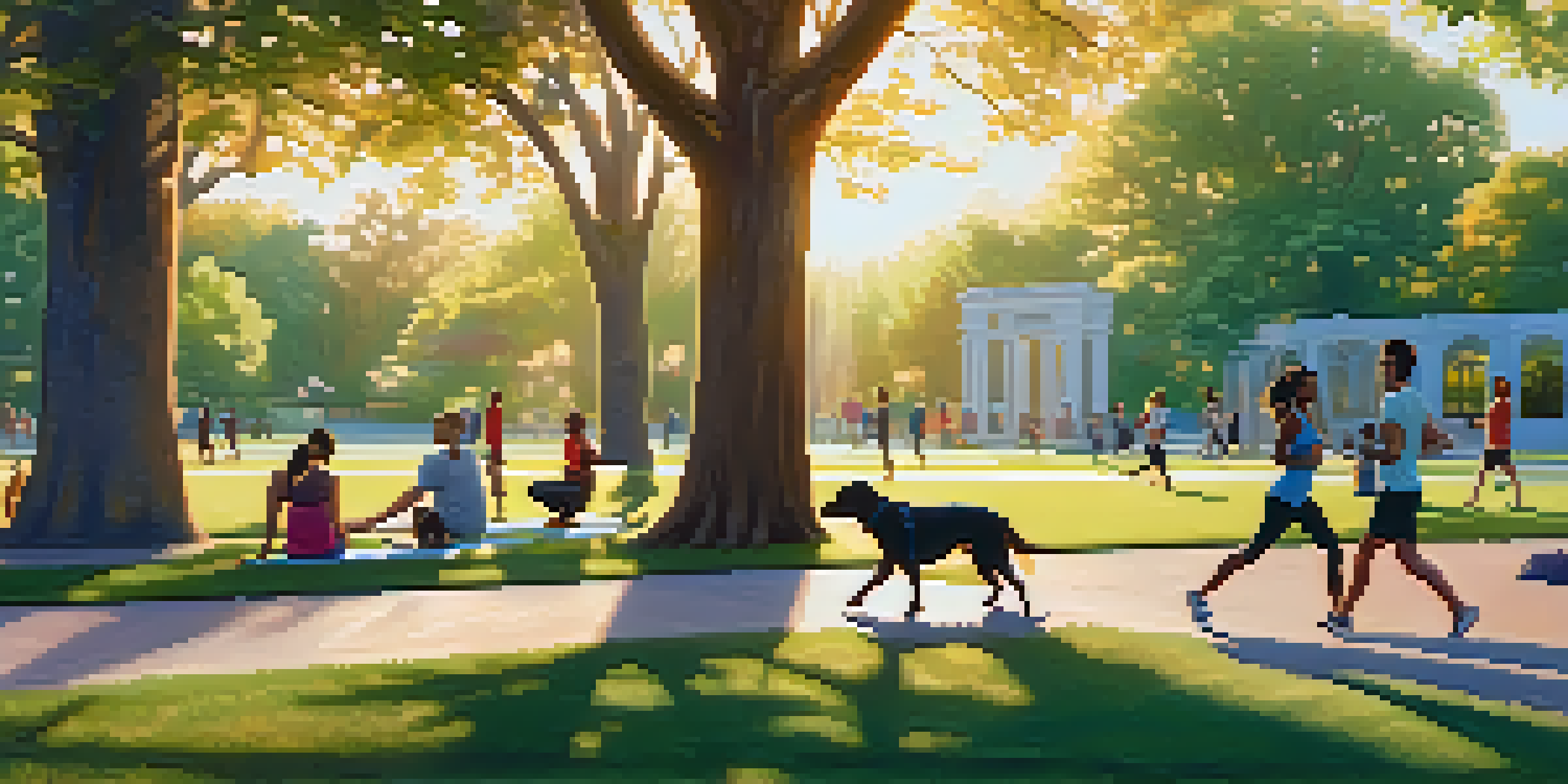 A peaceful urban park at sunset with people jogging, walking dogs, and doing yoga among colorful flowers and green trees.