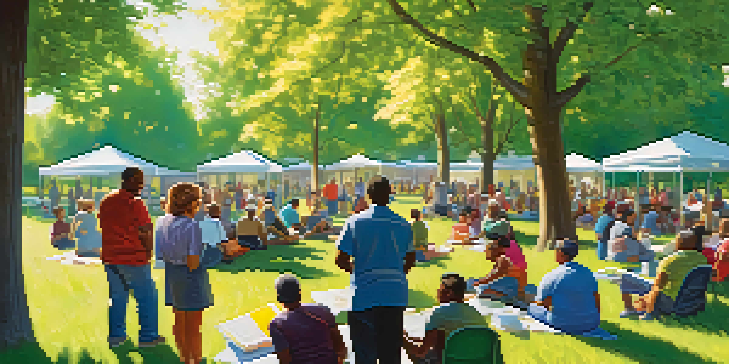 A diverse group of community members engaged in a disaster preparedness workshop in a sunny park.