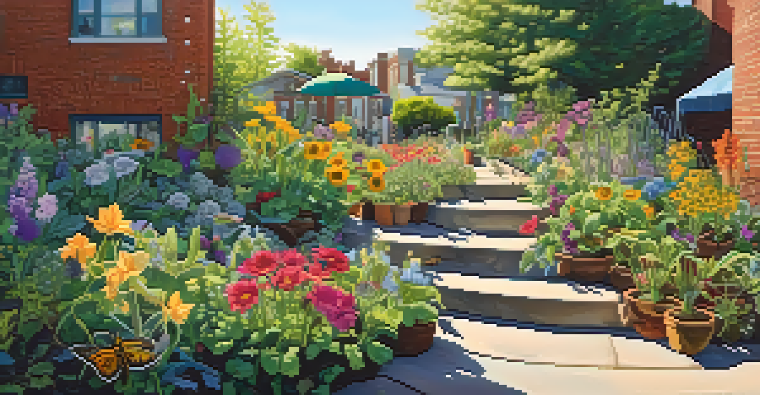 A colorful community garden with a lizard on a rock, surrounded by flowers and bees, highlighting the hidden wildlife in urban spaces.