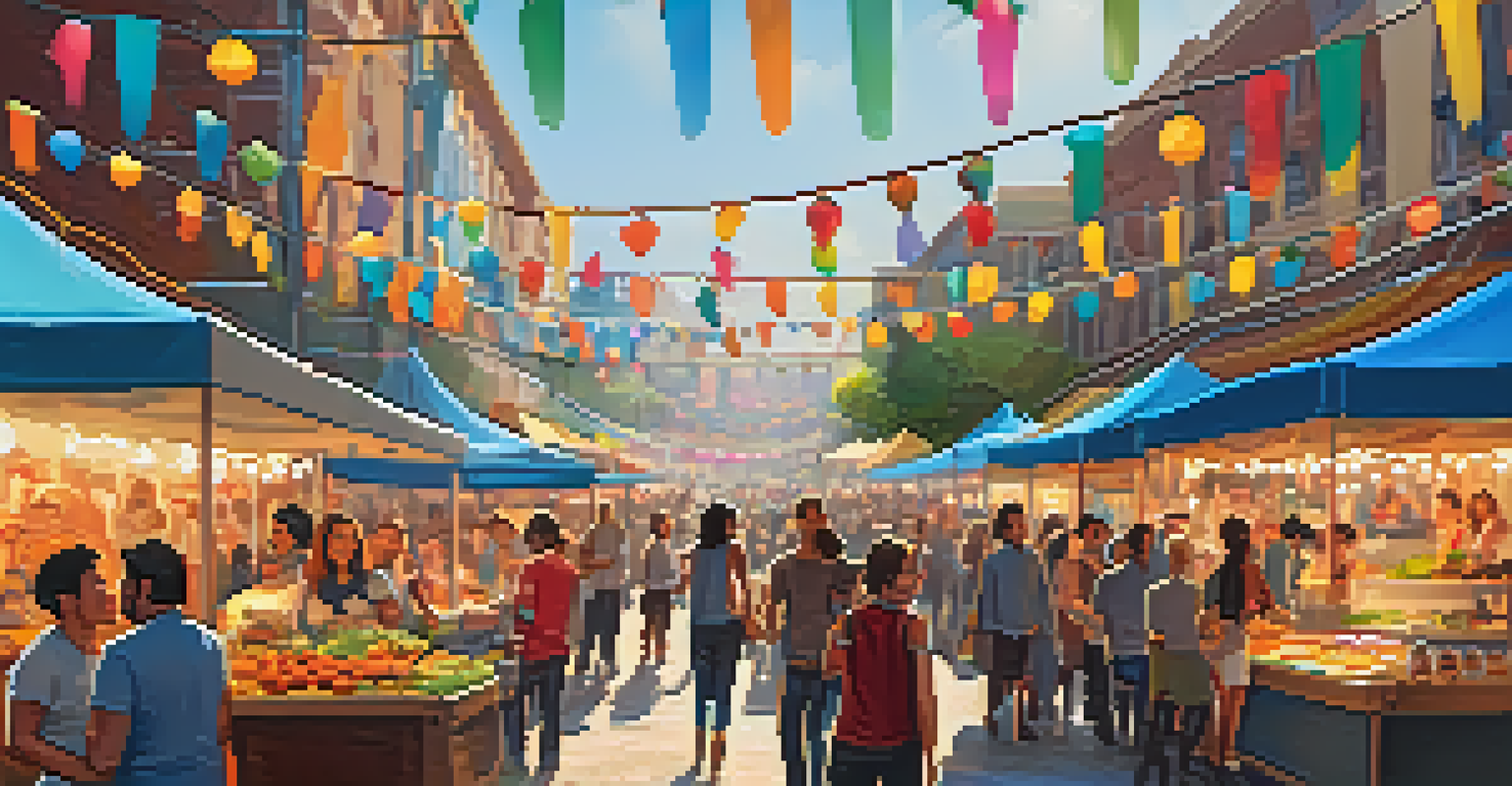 A food market at a music festival with colorful food trucks and attendees sampling various cuisines.