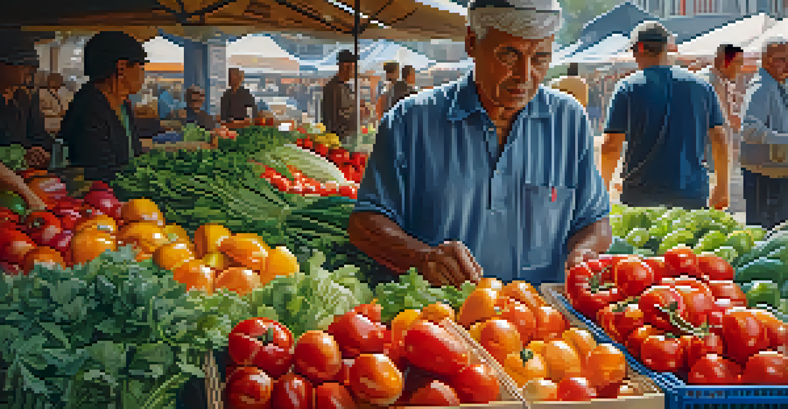 Close-up of a vendor's hands arranging fresh organic produce at a market stall, showcasing colorful fruits and vegetables.